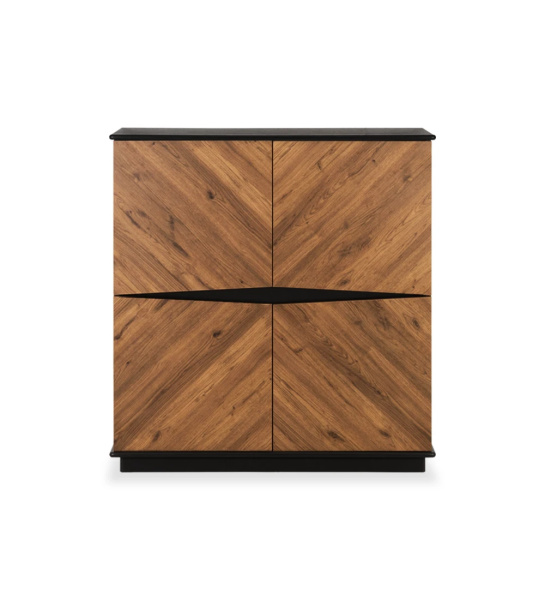 Cupboard with 4 doors and aged oak structure, top, baseboard and detail lacquered in black.