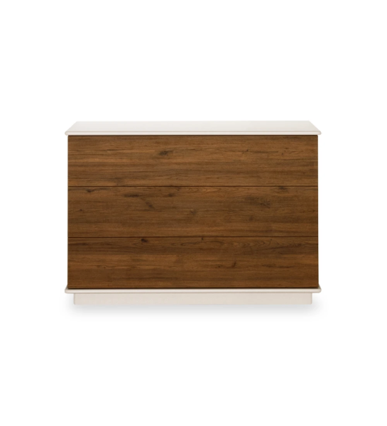 Dresser with 3 drawers, aged oak structure, lacquered pearl top and footer.
