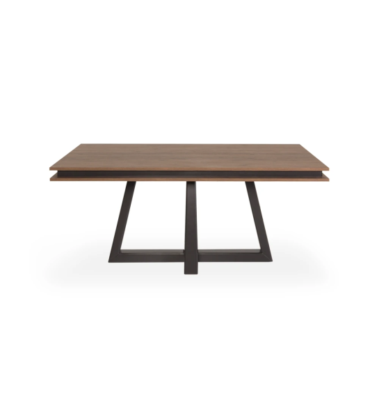 Rectangular extendable dining table with aged oak top, black lacquered center foot.