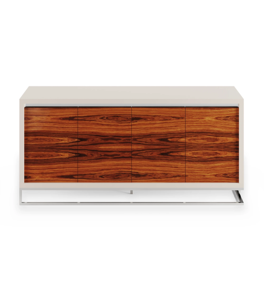 Sideboard with 4 doors in high gloss palissander, pearl lacquered structure, with stainless steel foot and mirror detail.