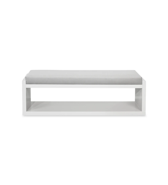 Banquette avec assise rembourrée en tissu et structure laquée perle