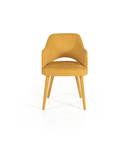 Chair with armrests upholstered in fabric.