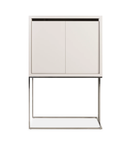 Cupboard with 2 doors and structure in lacquered pearl, with mirror detail and stainless steel foot.
