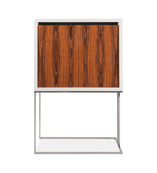 Cupboard with 2 doors in high gloss palissander, pearl lacquered structure, with mirror detail and stainless steel foot.