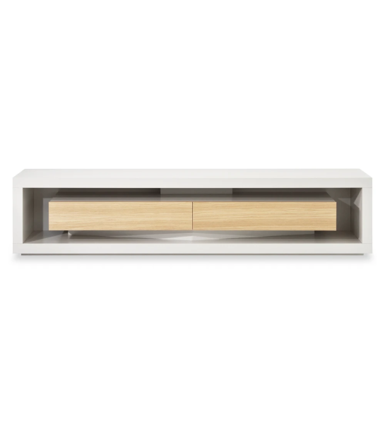 Londres TV stand pearl lacquered structure and drawer module, natural oak drawers, 250 x 56 cm.