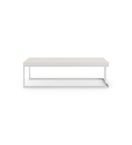 Table basse Londres rectangulaire, plateau laqué perle, piètement inox, 120 x 60 cm.
