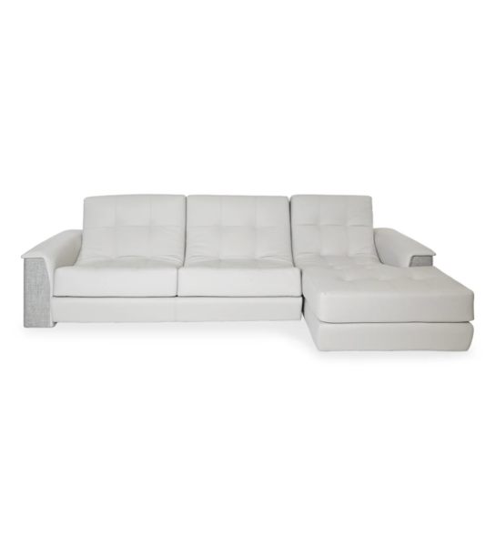 Sofá Londres 3 lugares e chaise longue direita, estofado a ecopele e tecido light grey, 301 cm.