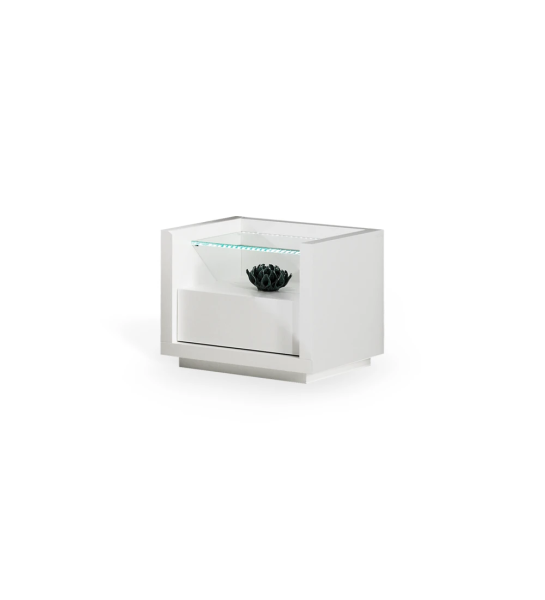 Bedside table with 1 drawer, in white lacquer, with glass shelf.