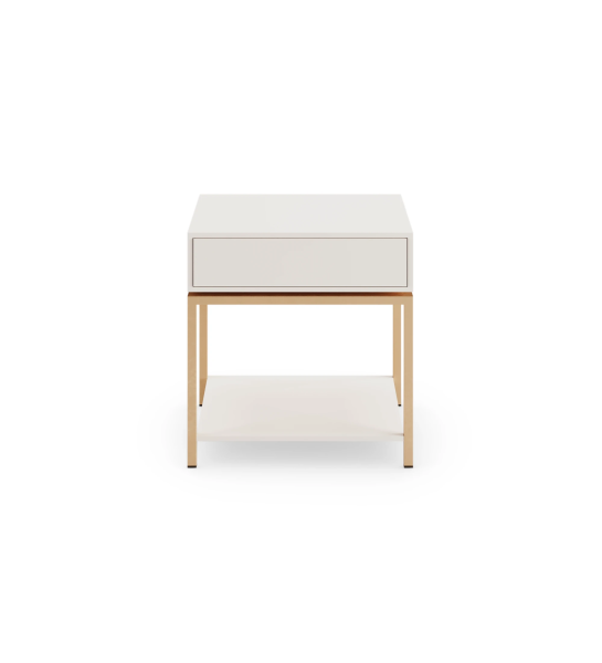 Bedside table with 1 drawer, pearl lacquered frame, with gold lacquered metal foot.