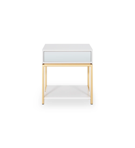 Bedside table with 1 drawer with mirror front, pearl lacquered frame, with gold lacquered metal foot.