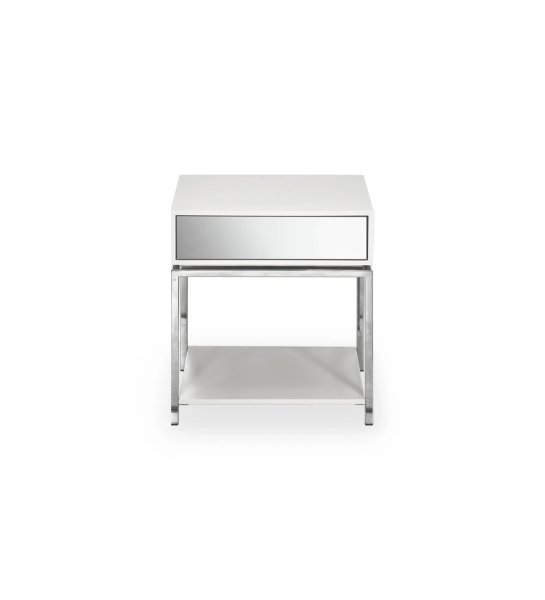 Bedside table with 1 drawer with mirror front, pearl lacquered structure, with stainless steel foot.