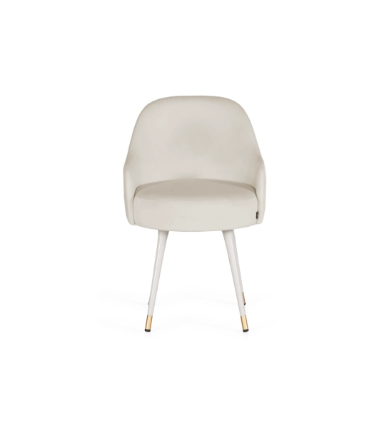 Silla giratoria tapizada en tejido, con pies lacados en perla y detalles dorados.