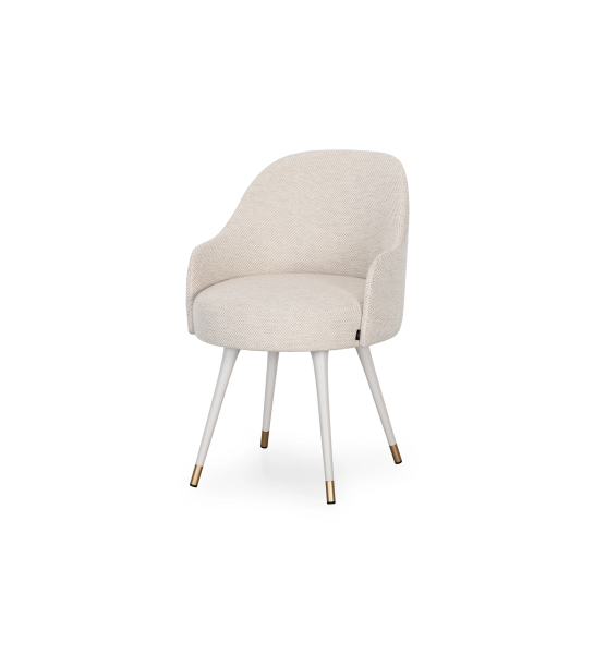 Fauteuil pivotant revêtu de tissu, avec pieds laqués perle et détails dorés.