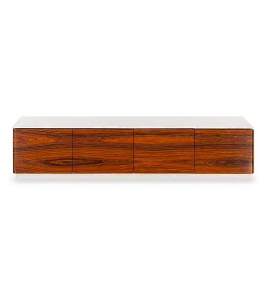 Móvel TV Geneve 4 portas em palissandro alto brilho, tampo e estrutura lacados a pérola, 220 x 49 cm.