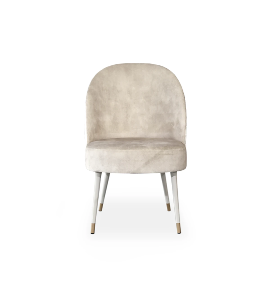 Geneve armchair upholstered in pearl fabric, pearl lacquered feet and golden detail.