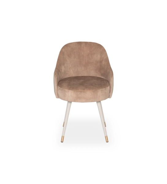 Fauteuil pivotant revêtu de tissu, avec pieds laqués perle et détails dorés.