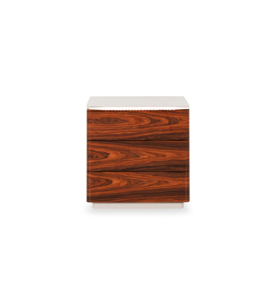 Bedside table with 3 drawers in high gloss palissander, pearl lacquered frame.