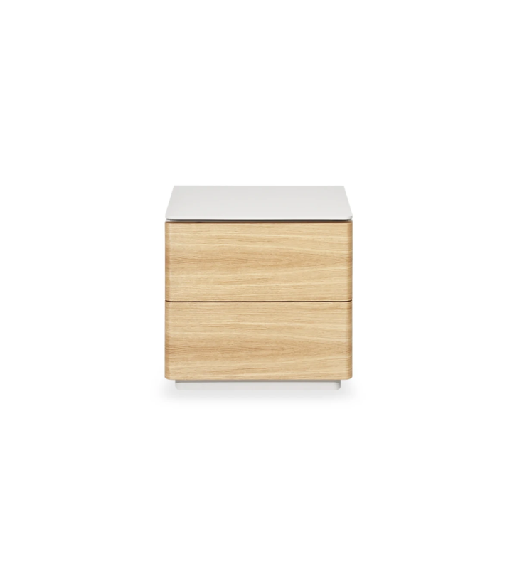 Bedside table with 2 drawers in natural oak, pearl lacquered frame.