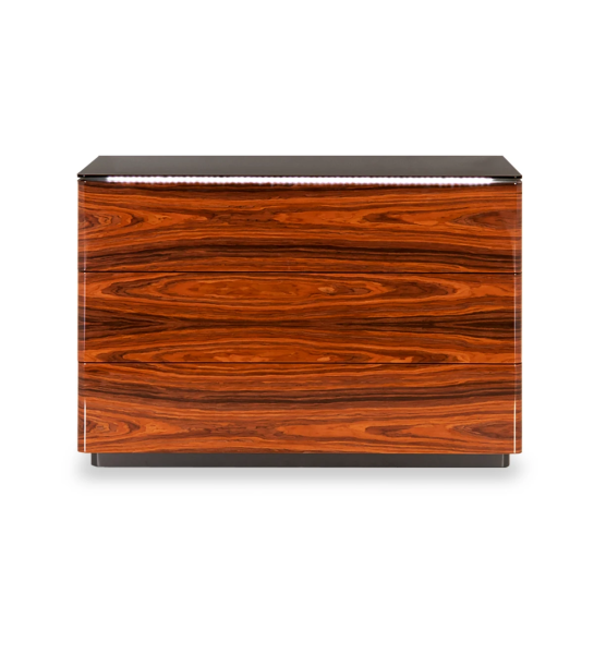 Dresser with 3 drawers in high brightness palisander, with black glass top, black lacquered structure