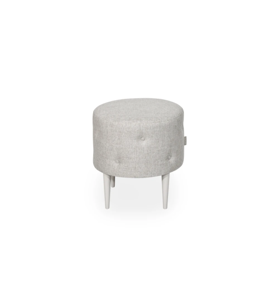 Geneve round puff, upholstered in light gray fabric, pearl lacquered feet, Ø 46 cm.
