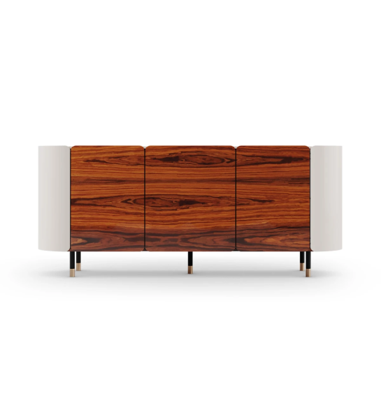 Sideboard with 3 doors and top in high gloss palissander, frame in pearl lacquered, interior glass shelves and black lacquered feet with gold detail.
