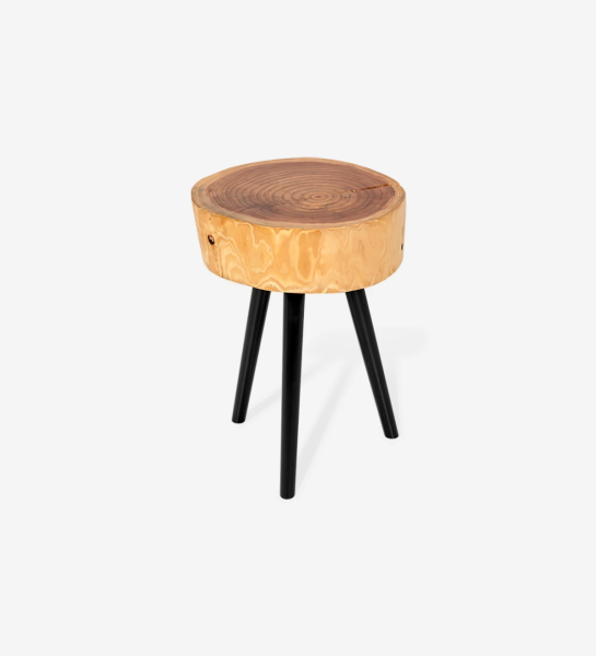 Trunk side table in natural cryptomeria wood, with 3 turned legs lacquered in black.