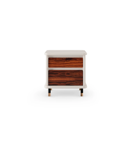 Bedside table with 2 drawers in high gloss palisander and structure in pearl lacquered, black lacquered feet with golden detail.