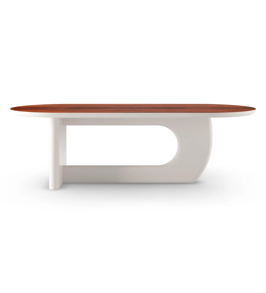 Table de repas ovale Mónaco 200 x 105 cm, plateau en palissandre brillant, pied laqué perle.