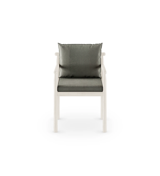 Chair with arms, fabric upholstered cushions, and pearl lacquered structure.