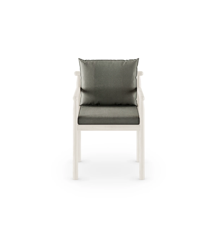 Cadeira com braços, almofadas estofadas a tecido e estrutura lacado pérola.