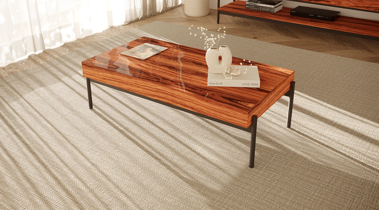 Table basse rectangulaire en palissandre brillant, structure en métal laqué noir, pieds nivelés.