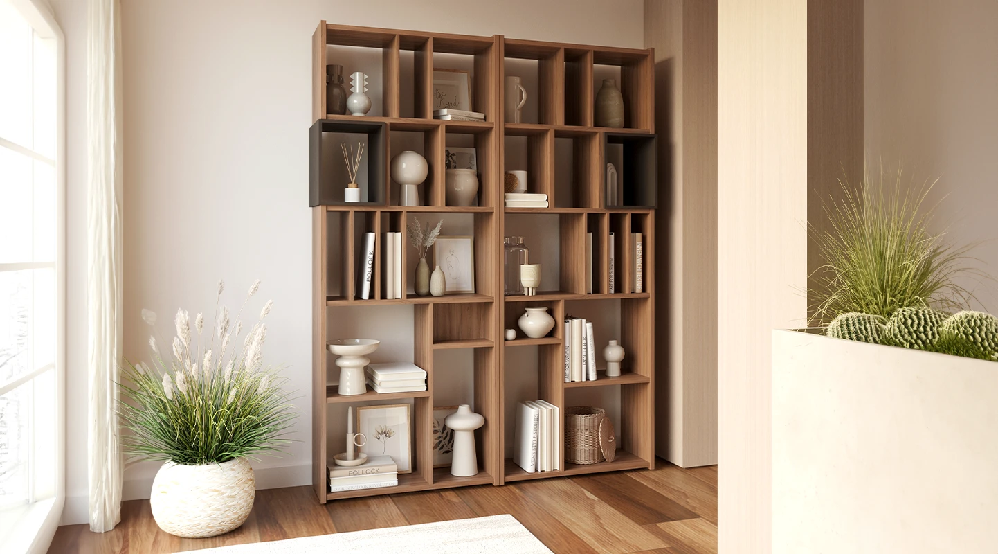 Vertical bookcase in walnut with a dark brown lacquered module.