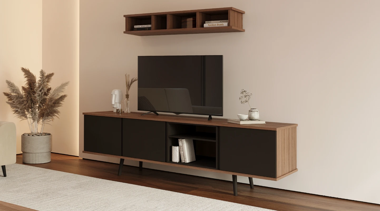 Mueble de TV con 3 puertas, módulo y pies lacados en marrón oscuro, estructura de nogal.