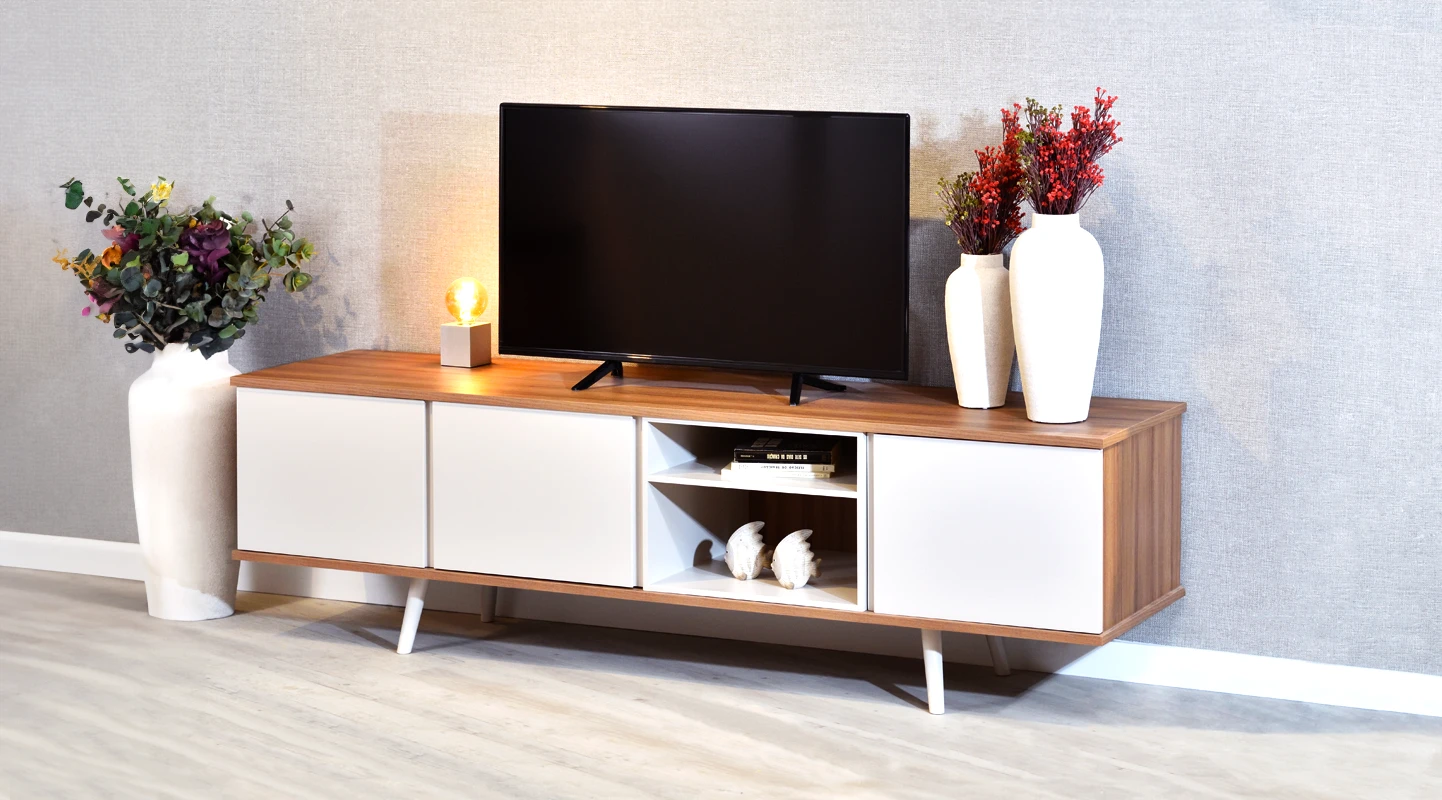 TV stand with 3 doors, module and pearl lacquered legs, walnut structure.