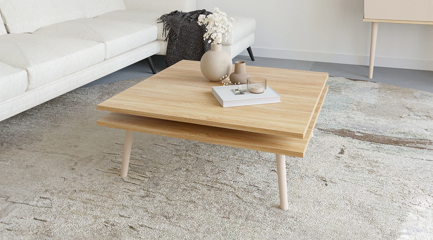 Square Center Table with two natural oak tops and pearl lacquered feet.