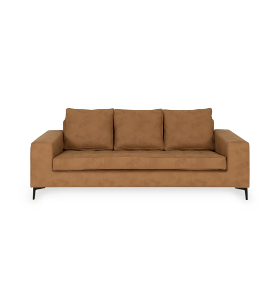 Sofá Barcelona 3 plazas tapizado en tela camel, pies en metal lacado negro, 224 cm.