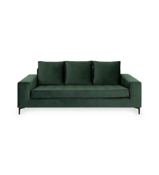 Sofá Barcelona 3 lugares estofado a tecido verde, pés metálicos lacados a negro, 224 cm.