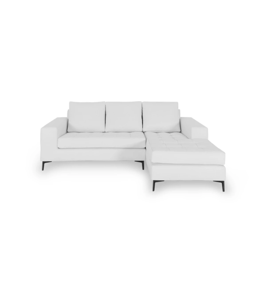 Sofá Barcelona 2 plazas y chaise longue derecha, tapizado en ecopiel blanca, pies en metal lacado negro, 226 cm.