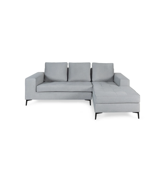 Sofá Barcelona 2 lugares e chaise longue direita, estofado a tecido cinzento, pés metálicos lacados a negro, 226 cm.