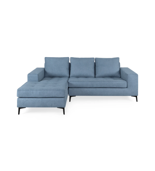 Canapé Barcelona 2 places et chaise longue gauche, recouvert en tissu bleu, pieds en métal laqué noir, 226 cm.