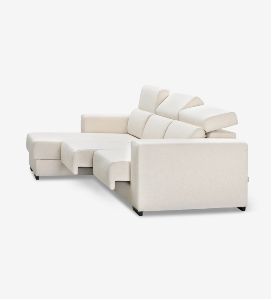 Sofá de 2 lugares com chaise longue reversível, estofado a tecido, com apoios de cabeça reclináveis, assentos deslizantes e arrumação na chaise longue