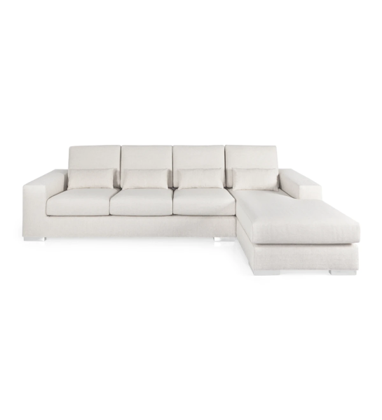 Sofá Geneve 3 lugares e chaise longue direita, estofado a tecido pérola, 284 cm.