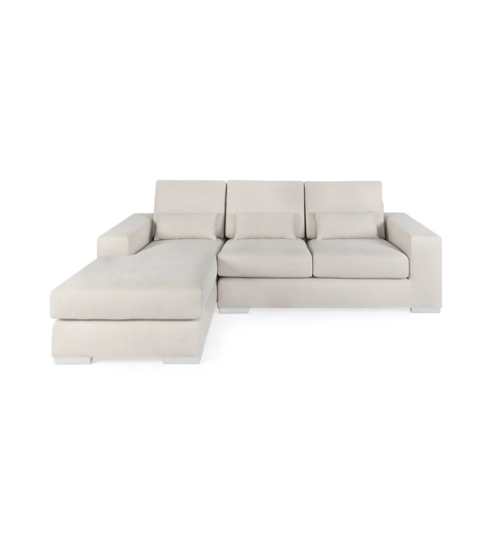 Sofá Geneve 2 lugares e chaise longue esquerda, estofado a tecido bege, 241 cm.