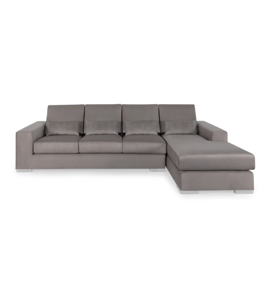 Sofá Geneve 3 lugares e chaise longue direita, estofado a tecido taupe, 284 cm.