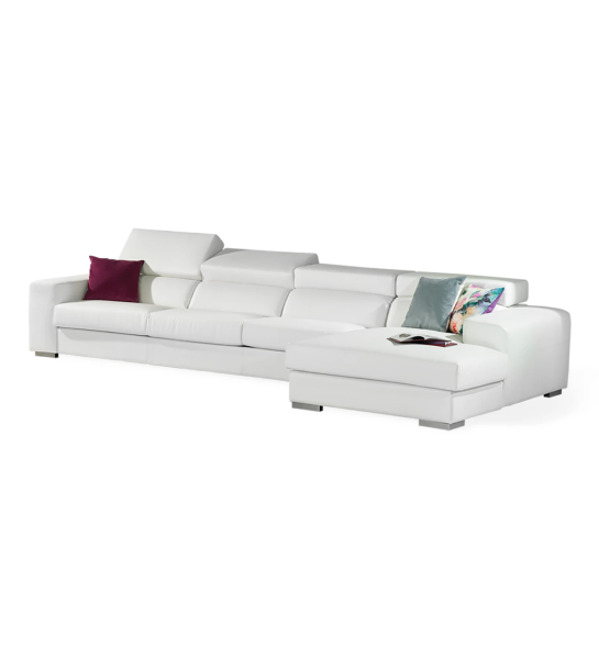 Sofá Califórnia 3 lugares e chaise longue direita, estofado a ecopele branca, apoios de cabeça reclináveis, 391 cm.