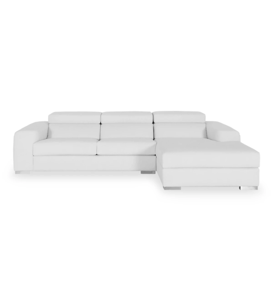 Sofá Califórnia 2 lugares e chaise longue direita, estofado a ecopele branca, apoios de cabeça reclináveis, 307 cm.