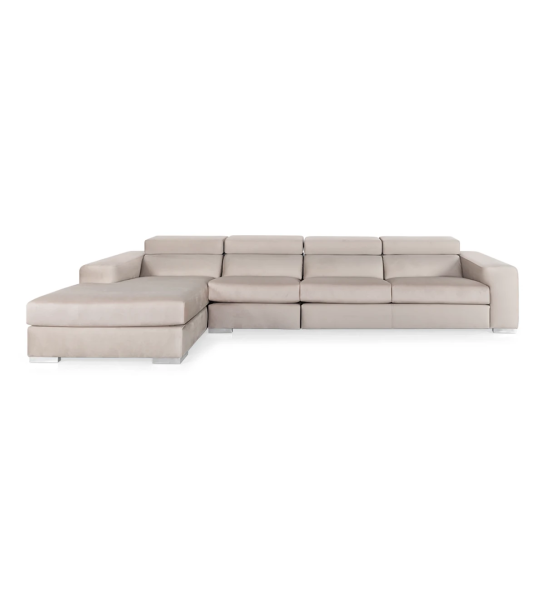 Sofá Califórnia 3 lugares e chaise longue esquerda, estofado a tecido bege, apoios de cabeça reclináveis, 391 cm.