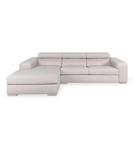 Canapé California 2 places et chaise longue gauche, recouvert en éco-cuir beige, appuis-tête inclinables, 307 cm.