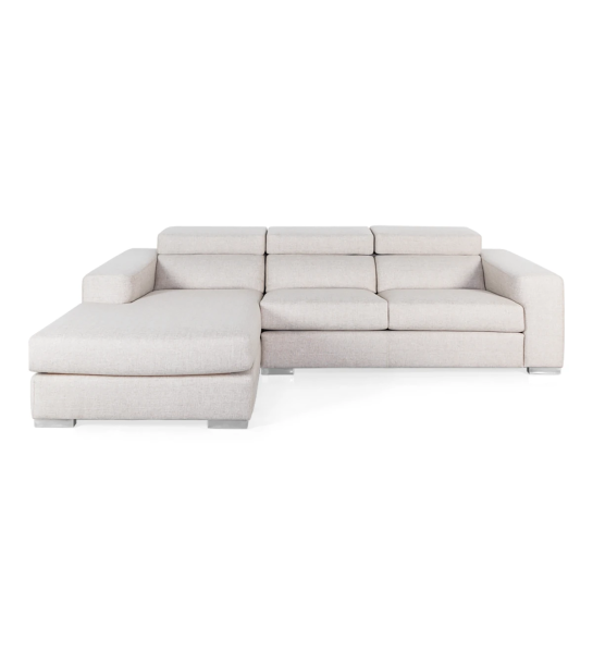 Sofá Califórnia 2 lugares e chaise longue esquerda, estofado a tecido pérola, apoios de cabeça reclináveis, 307 cm.