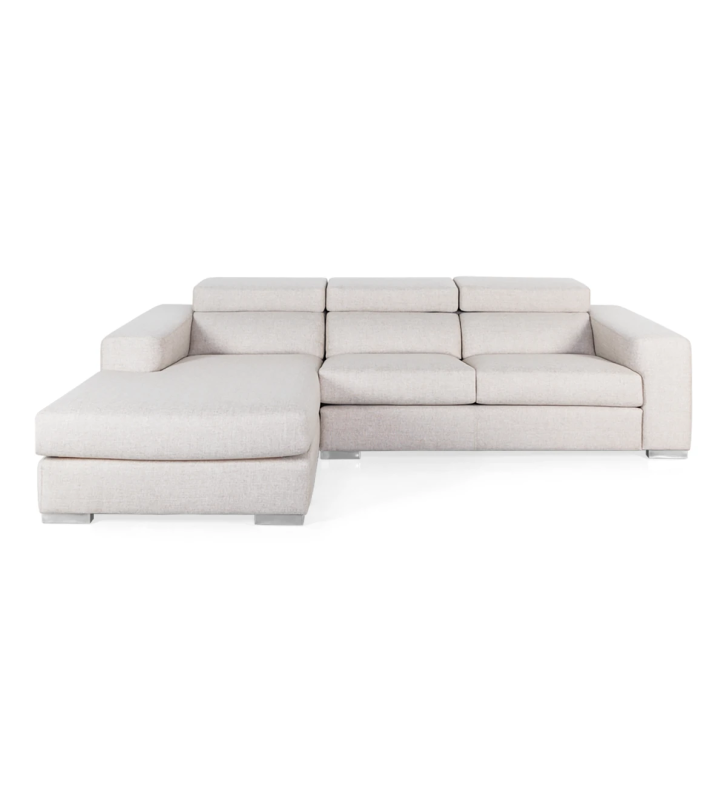 2 seater sofa with chaise longue upholstered in fabric, with reclining headrests and metal feet.